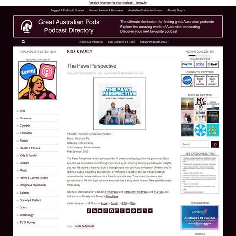 The Paws Perspective Podcast
Screenshot of the podcast listing on the Great Australian Pods website