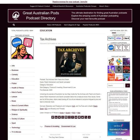 Tax Archives With Fletch And Sarah
Screenshot of the podcast listing on the Great Australian Pods website