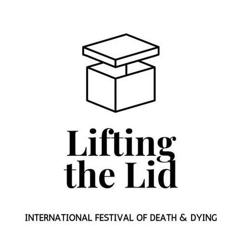 The black and white logo for Lifting the Lid International Festival of Death and Dying with a square, white graphic box with the lid up and floating slightly above the box itself.