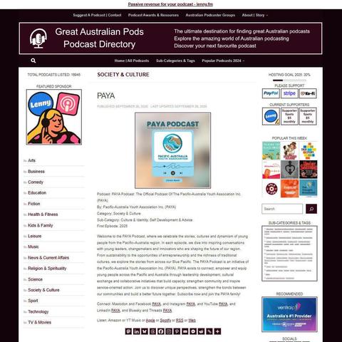 Paya Podcast: The Official Podcast Of The Pacific-Australia Youth Association Inc. (PAYA)
Screenshot of the podcast listing on the Great Australian Pods website