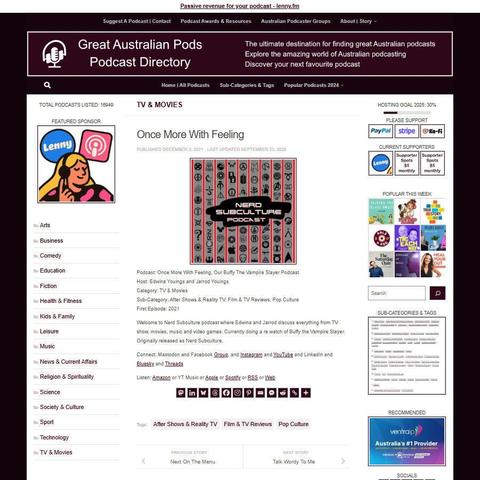 Once More With Feeling, Our Buffy The Vampire Slayer Podcast. 
Screenshot of the podcast listing on the Great Australian Pods website