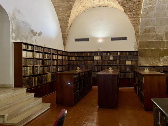 A subterranean vault with arched ceilings. Bookshelves filled with books line two walls and high reading tables sit in front of the shelves. Stairs lead off to the left.