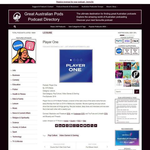 Player One
Screenshot of the podcast listing on the Great Australian Pods website