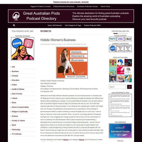 Holistic Women's Business
Screenshot of the podcast listing on the Great Australian Pods website