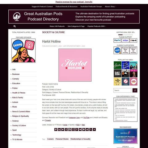 Harlot Hotline
Screenshot of the podcast listing on the Great Australian Pods website
