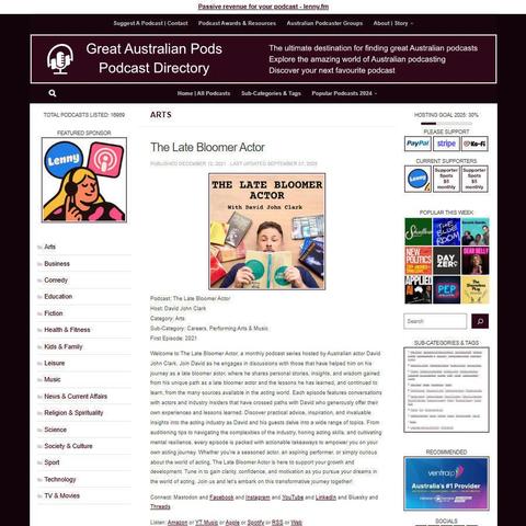 The Late Bloomer Actor 
Screenshot of the podcast listing on the Great Australian Pods website
