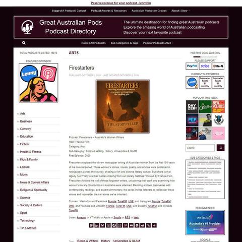 Firestarters - Australia's Women Writers
Screenshot of the podcast listing on the Great Australian Pods website