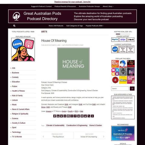 House Of Meaning's Podcast
Screenshot of the podcast listing on the Great Australian Pods website