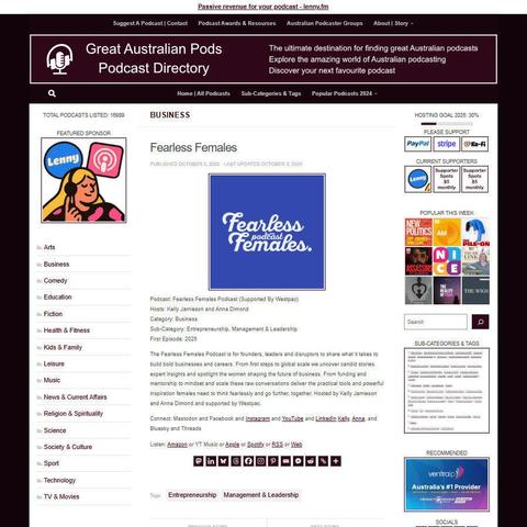 Fearless Females Podcast (Supported By Westpac)
Screenshot of the podcast listing on the Great Australian Pods website