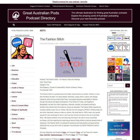 The Fashion Stitch – On Fabrics, Facts And Feelings
Screenshot of the podcast listing on the Great Australian Pods website