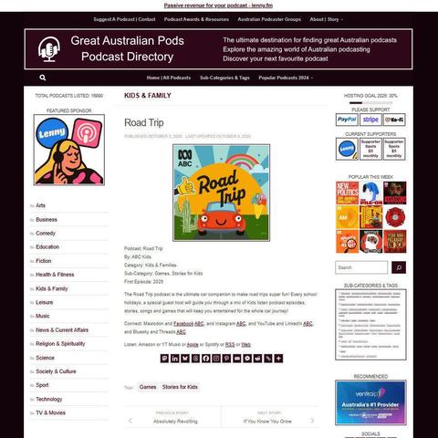 Road Trip
Screenshot of the podcast listing on the Great Australian Pods website