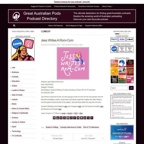 Jess Writes A Rom-Com
Screenshot of the podcast listing on the Great Australian Pods website