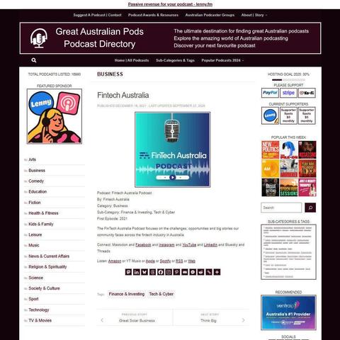 FinTech Australia's Podcast
Screenshot of the podcast listing on the Great Australian Pods website