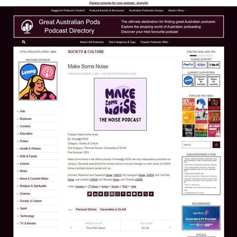 Make Some Noise
Screenshot of the podcast listing on the Great Australian Pods website