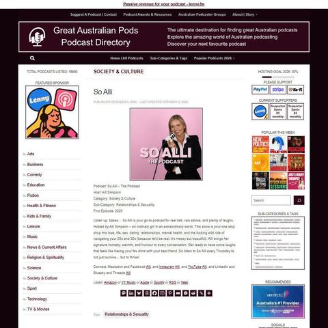 So Alli - The Podcast
Screenshot of the podcast listing on the Great Australian Pods website