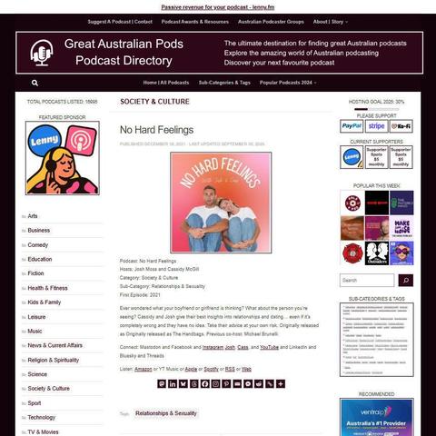 No Hard Feelings
Screenshot of the podcast listing on the Great Australian Pods website