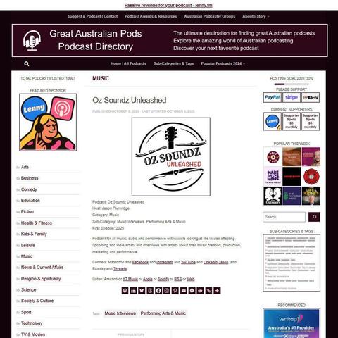 Oz Soundz Unleashed
Screenshot of the podcast listing on the Great Australian Pods website