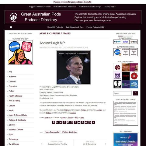 Andrew Leigh MP: Speeches & Conversations
Screenshot of the podcast listing on the Great Australian Pods website