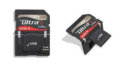 The old 1GB SanDisk Ultra II USB-convertable SD memory card. The card had a frame around the "back" of the card (away from SD pads) that can be unlatched and folded back to cover the SD connector and reveal a set of USB2.0 pads so the card can be directly connected to a USB2.0 host.