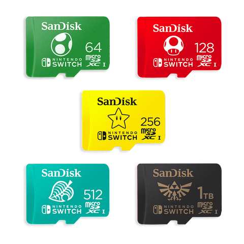 A set of 5 Nintendo Switch themed SD cards: Green 64G with Yoshi's egg; Red 128G with a "Toad" (mushroom); Yellow 156G with a Star; Teal 512G with the Animal Crossing "new leaf" logo; Black/gold 1T with the Zelda "Triforce eagle" design