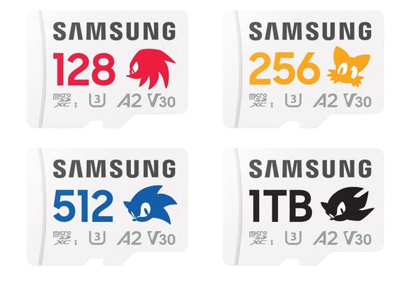 A set of four Samsung Sega/Sonic themed MicroSD cards: white/red 12G "Knuckles"; white/orange 256G "Tails"; white/blue 512G "Sonic" and white/black 1T "Sonic"