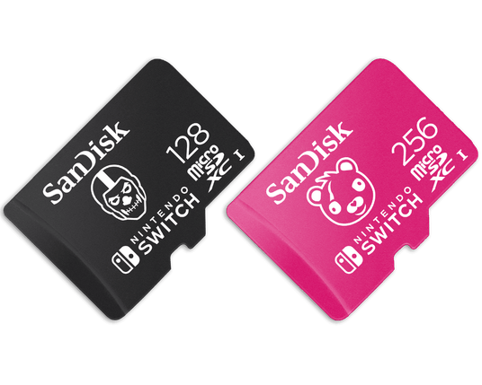 Two Nintendo Switch themed MicroSD cards. Sadly I do not know the characters: Black 128G with a helmetted skull on it; Pink 256G with a bonk-eyed teddy bear on it.