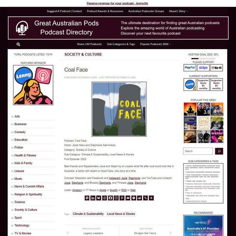 Coal Face
Screenshot of the podcast listing on the Great Australian Pods website