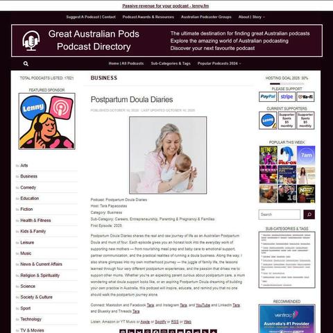 Postpartum Doula Diaries
Screenshot of the podcast listing on the Great Australian Pods website