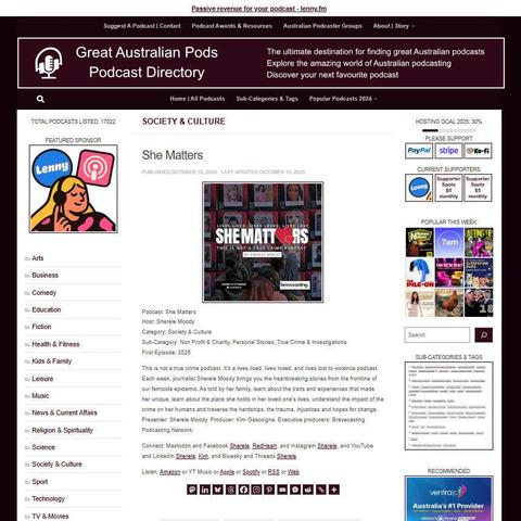She Matters
Screenshot of the podcast listing on the Great Australian Pods website