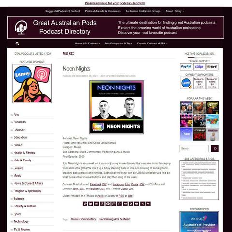 Neon Nights
Screenshot of the podcast listing on the Great Australian Pods website