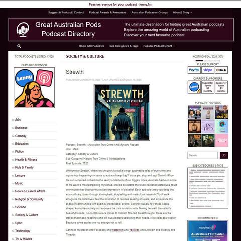 Strewth - Australian True Crime And Mystery Podcast
Screenshot of the podcast listing on the Great Australian Pods website
