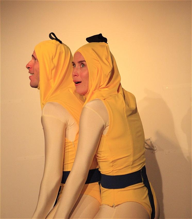 Two Kiwis dressed as bananas.