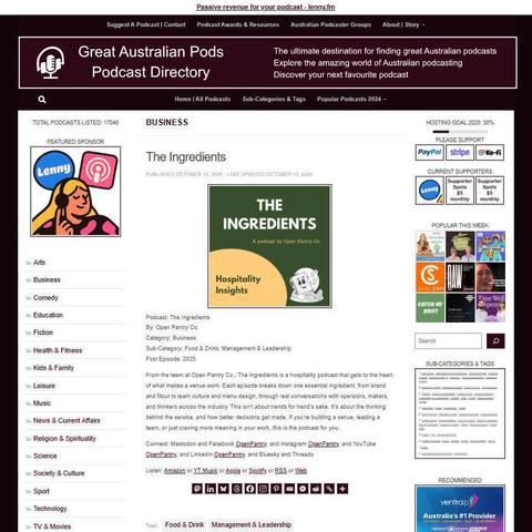 The Ingredients
Screenshot of the podcast listing on the Great Australian Pods website