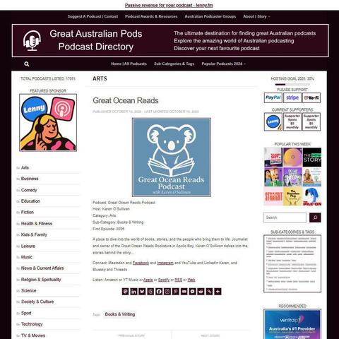 Great Ocean Reads Podcast
Screenshot of the podcast listing on the Great Australian Pods website
