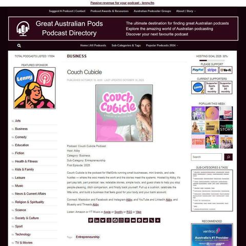 Couch Cubicle Podcast
Screenshot of the podcast listing on the Great Australian Pods website