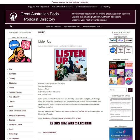 Listen Up With Ash McGregor
Screenshot of the podcast listing on the Great Australian Pods website