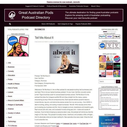 Tell Me About It
Screenshot of the podcast listing on the Great Australian Pods website