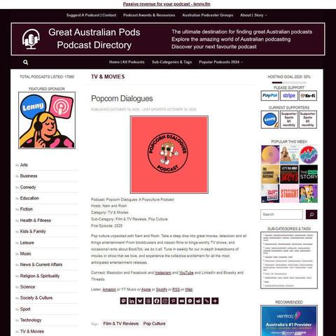 Popcorn Dialogues: A Popculture Podcast
Screenshot of the podcast listing on the Great Australian Pods website