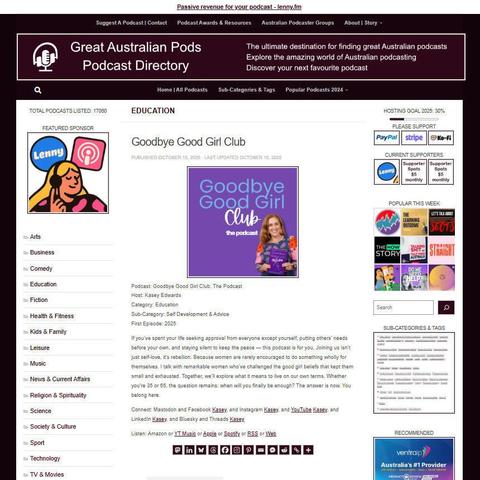 Goodbye Good Girl Club: The Podcast
Screenshot of the podcast listing on the Great Australian Pods website