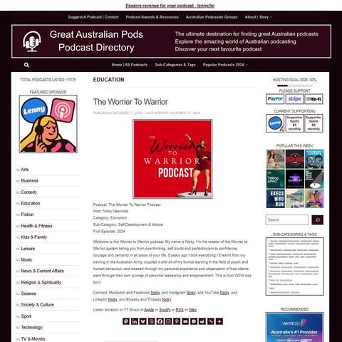 The Worrier To Warrior Podcast 
Screenshot of the podcast listing on the Great Australian Pods website