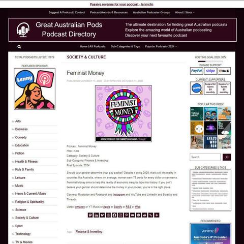 Feminist Money
Screenshot of the podcast listing on the Great Australian Pods website