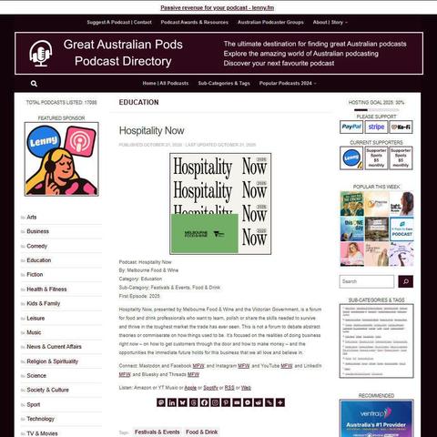 Hospitality Now
Screenshot of the podcast listing on the Great Australian Pods website