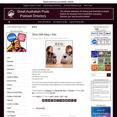 Wine With Meg + Mel 
Screenshot of the podcast listing on the Great Australian Pods website