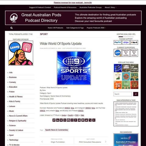 Wide World Of Sports Update
Screenshot of the podcast listing on the Great Australian Pods website