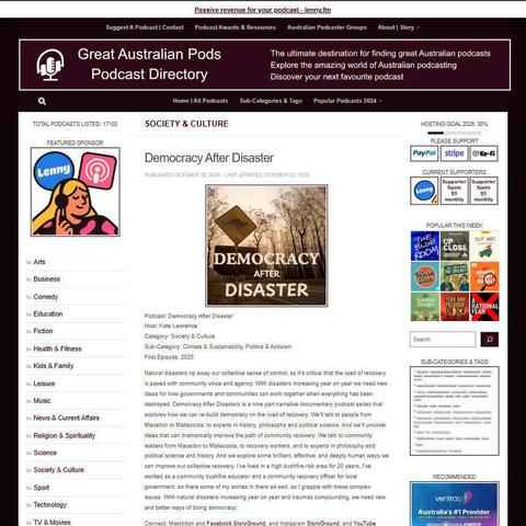 Democracy After Disaster
Screenshot of the podcast listing on the Great Australian Pods website