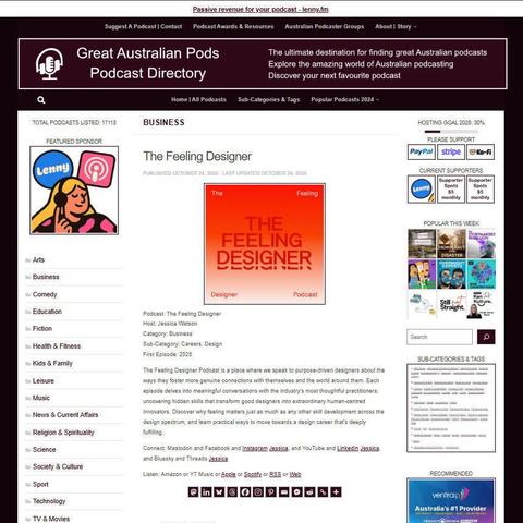 The Feeling Designer
Screenshot of the podcast listing on the Great Australian Pods website