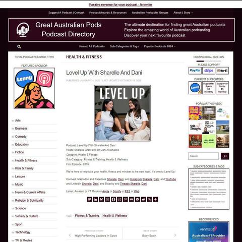 Level Up With Sharelle And Dani 
Screenshot of the podcast listing on the Great Australian Pods website