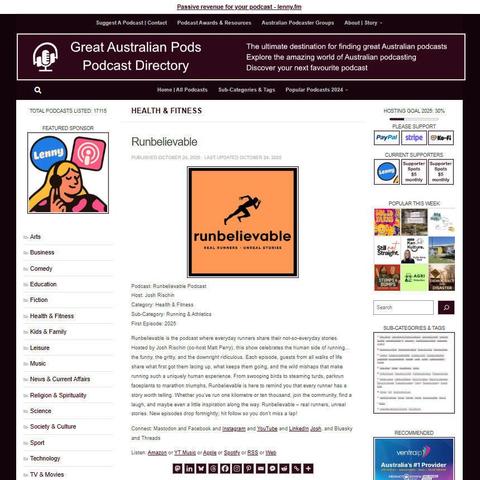 Runbelievable Podcast
Screenshot of the podcast listing on the Great Australian Pods website
