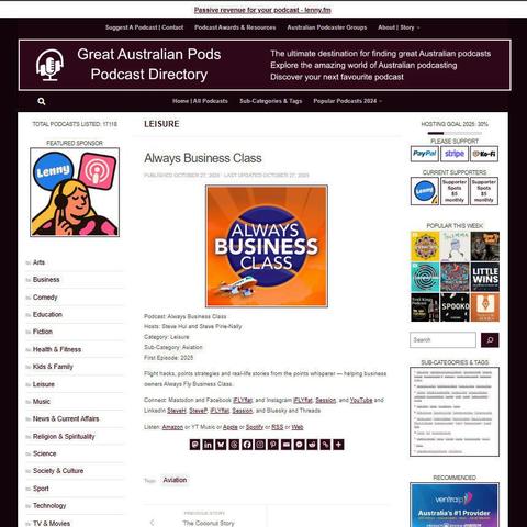 Always Business Class
Screenshot of the podcast listing on the Great Australian Pods website