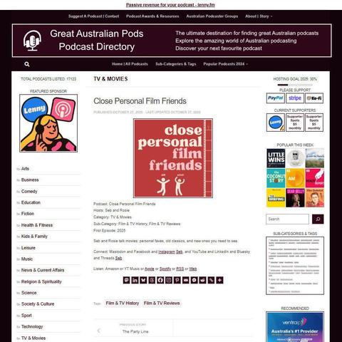 Close Personal Film Friends
Screenshot of the podcast listing on the Great Australian Pods website